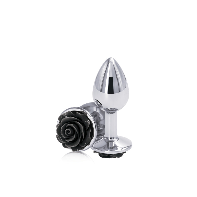 Small black aluminum anal plug with a rose design.