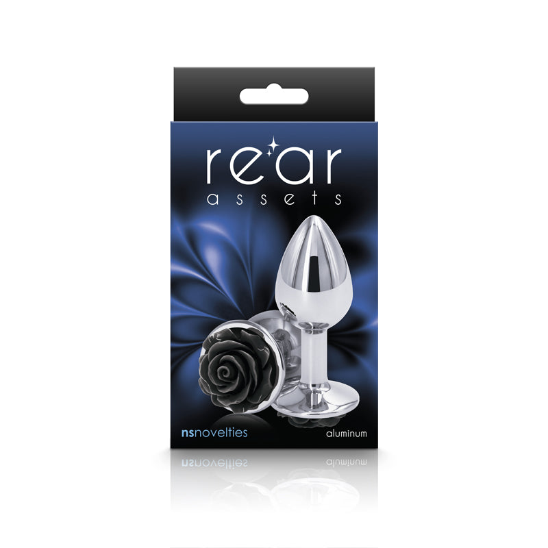 Small black aluminum anal plug with a rose-shaped base.