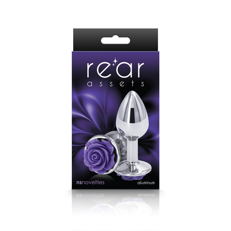 Purple aluminum anal plug with a small rose jewel.