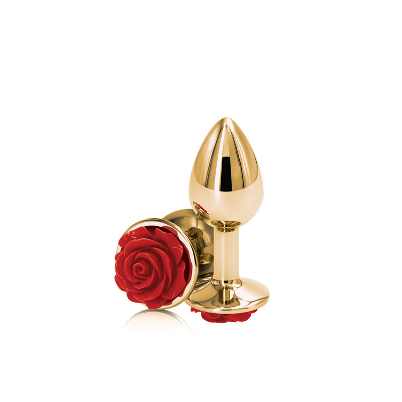 Small gold anal plug with a red rose design.