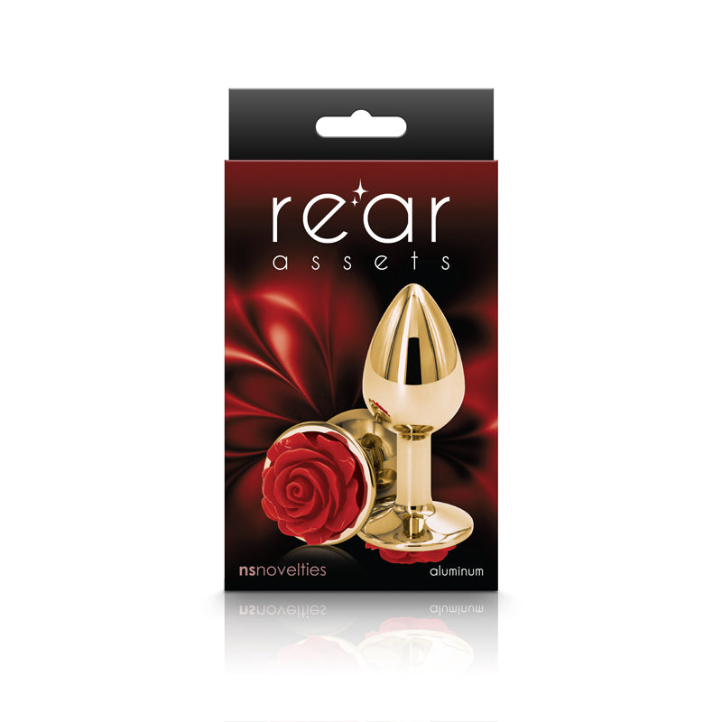 Small red aluminum anal plug with a rose-shaped base.