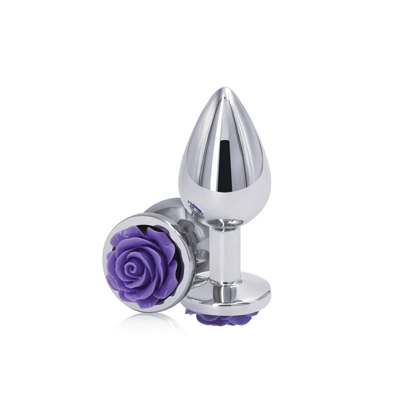 Purple aluminum anal plug with a rose design.