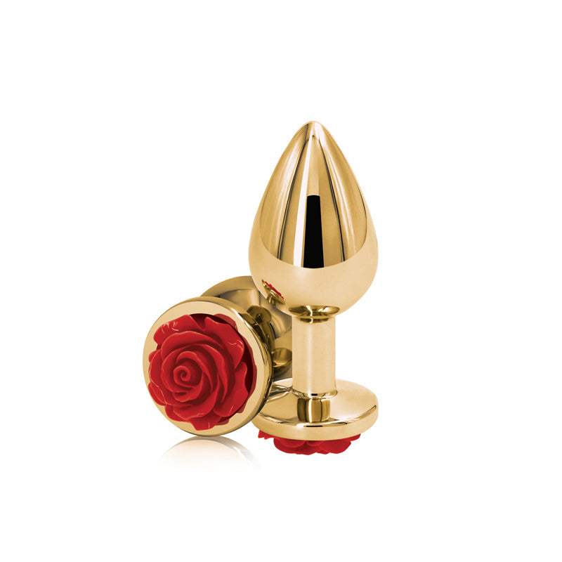 Gold-toned anal plug with a red rose jewel.