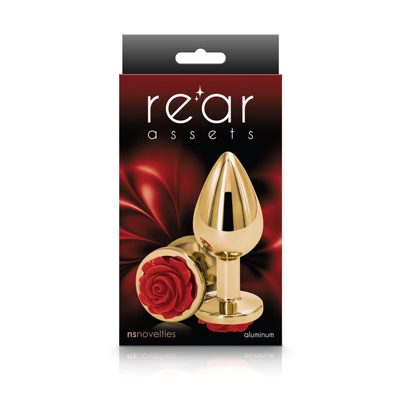 Aluminum anal plug with a red rose jewel.
