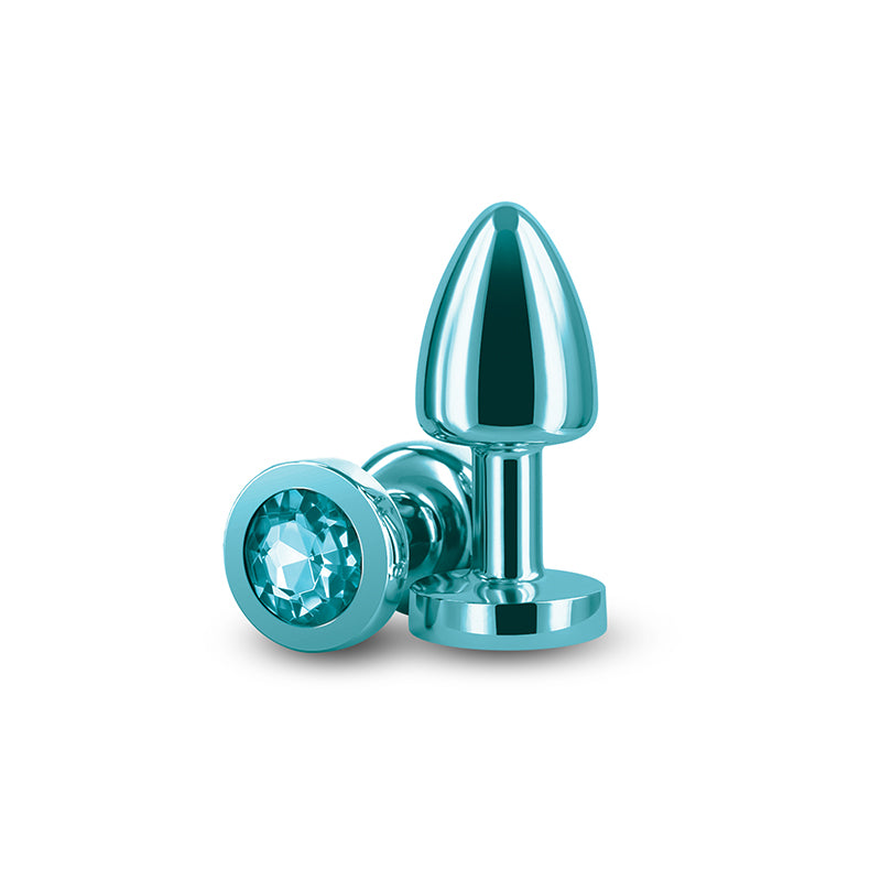 Petite teal aluminum anal plug with a blue gem accent.