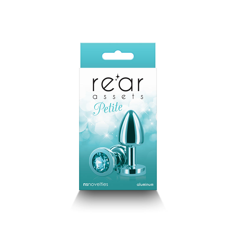 Petite teal aluminum anal plug with a crystal accent on a white background.