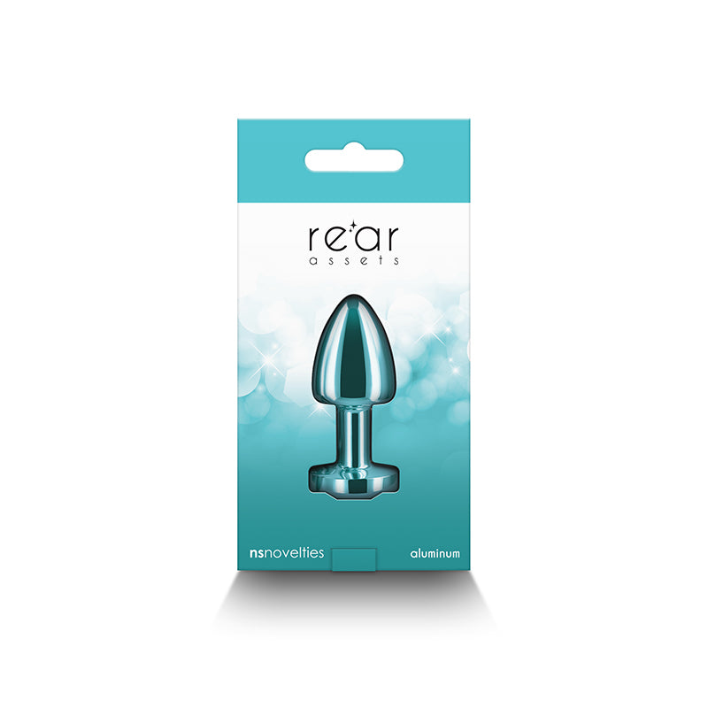 A teal aluminum anal plug with a flared base, presented in its packaging.