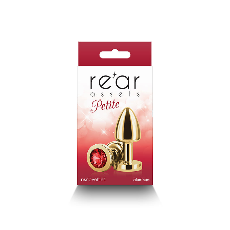 Gold and red aluminum anal plug with a gem accent.