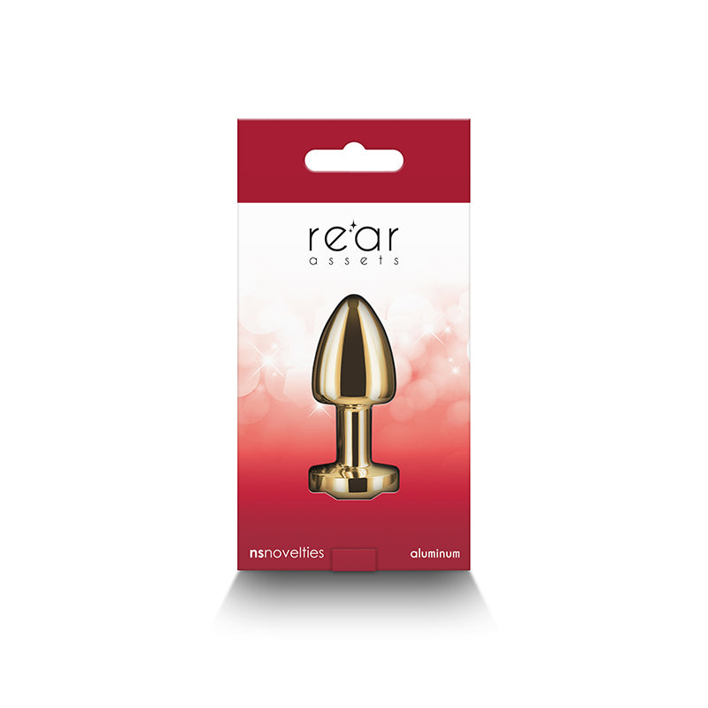 Gold aluminum anal plug with a red and white package.