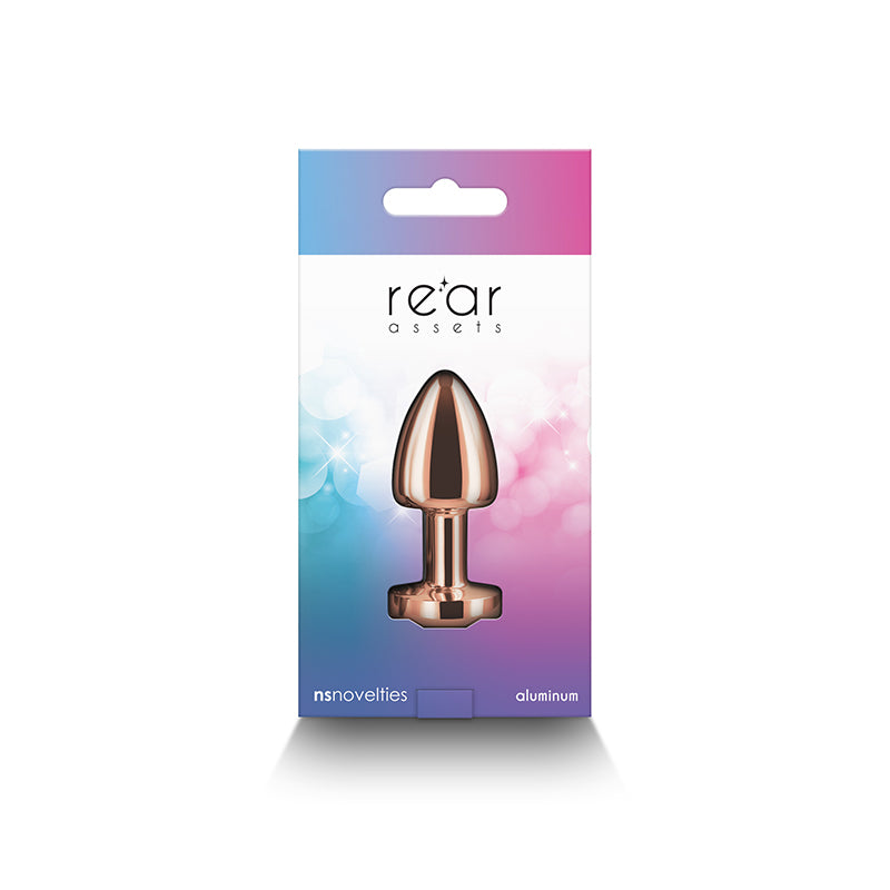 A rose gold aluminum anal plug with a flared base.