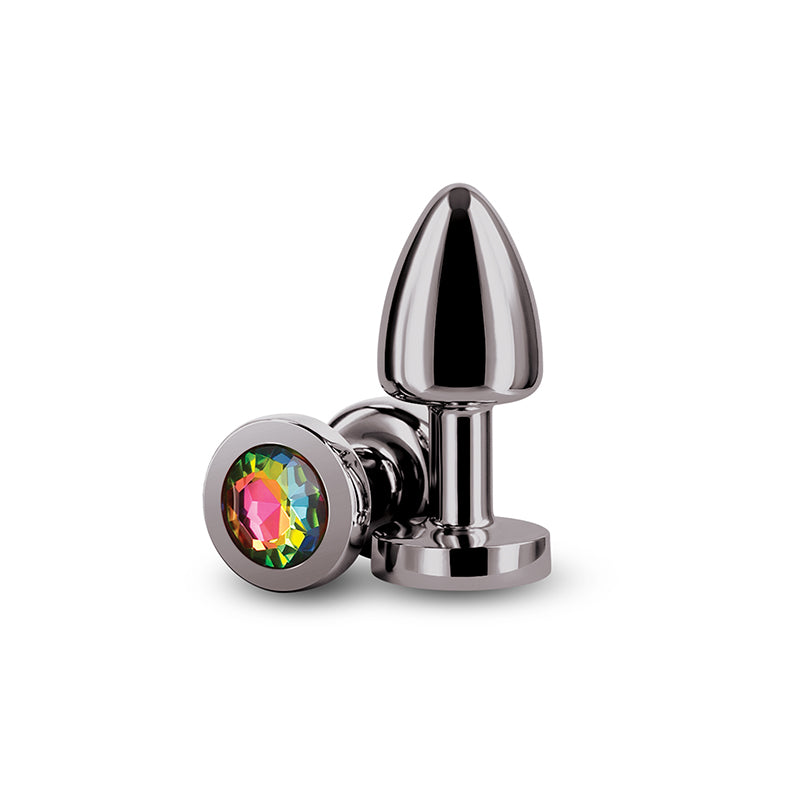 Petite aluminum anal plug in gunmetal rainbow with a jeweled base.