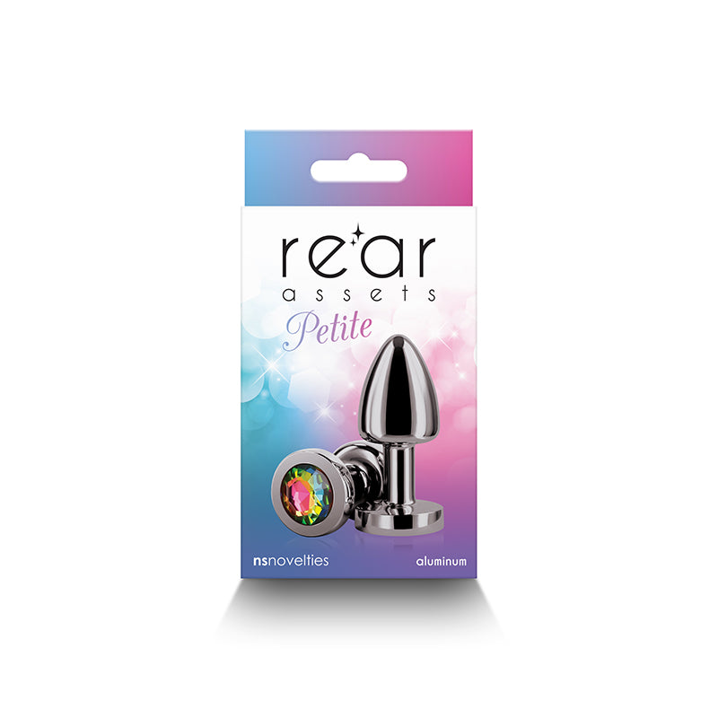 A gunmetal rainbow aluminum anal plug with a jeweled base.