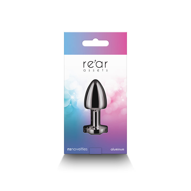 A petite aluminum anal plug in gunmetal rainbow.