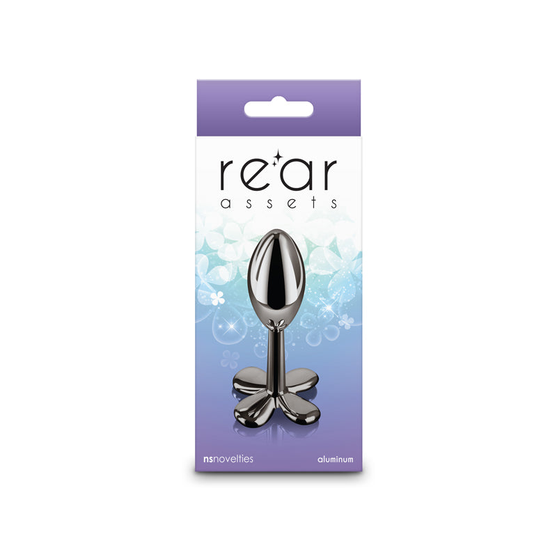A gunmetal chrome aluminum anal plug with a clover-shaped base.
