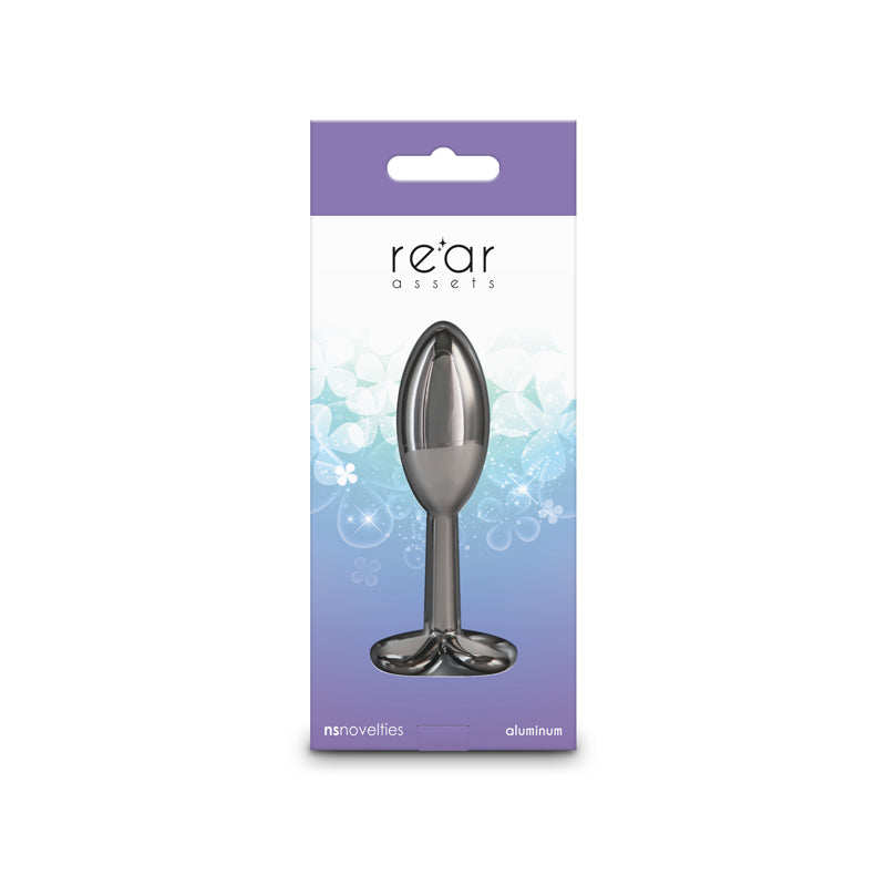 A gunmetal chrome aluminum anal plug with a clover-shaped base.