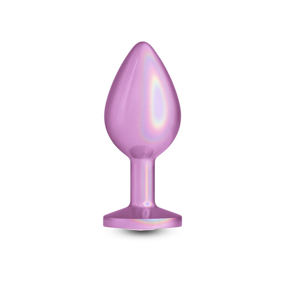 Medium iridescent pink aluminum anal plug with a flared base.