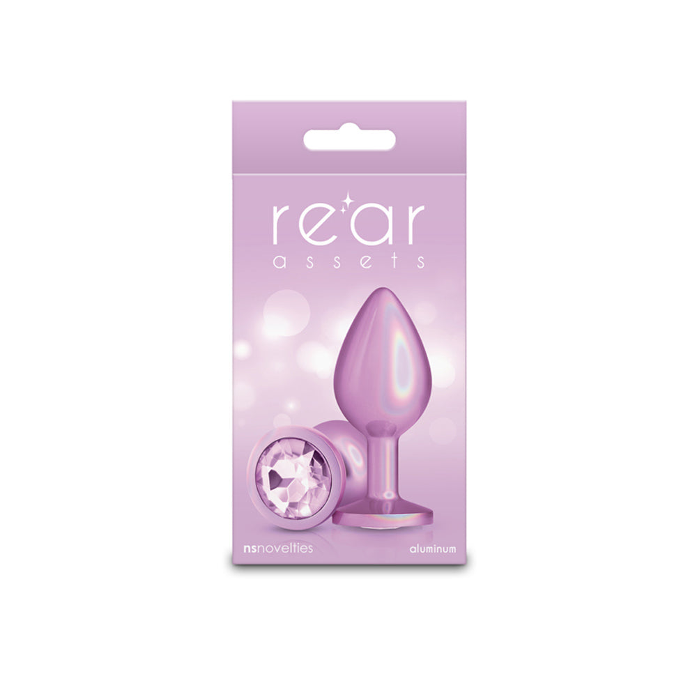 Iridescent pink aluminum anal plug with a jeweled base.