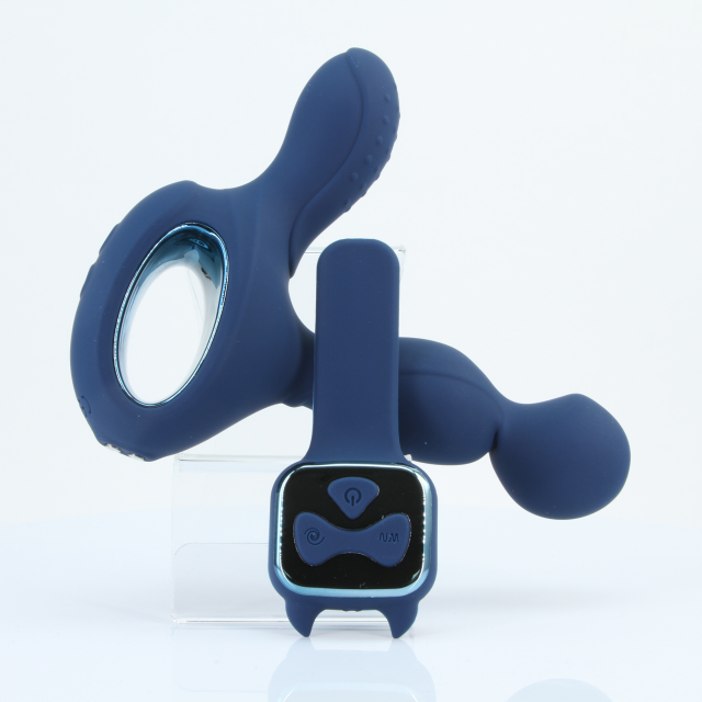 Blue rotating prostate massager with remote control.