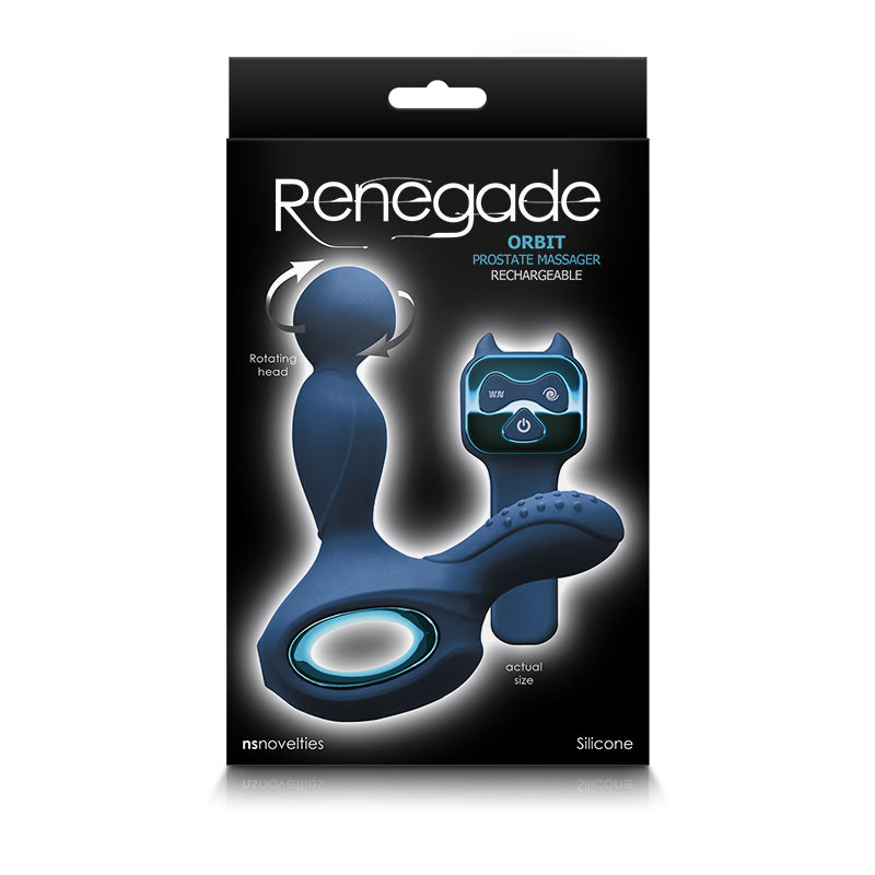 Blue Renegade Orbit prostate massager with rotating head and remote.