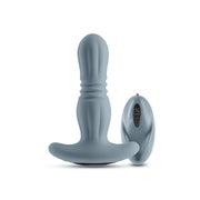 Gray silicone remote-controlled prostate massager with a ribbed shaft and flared base.