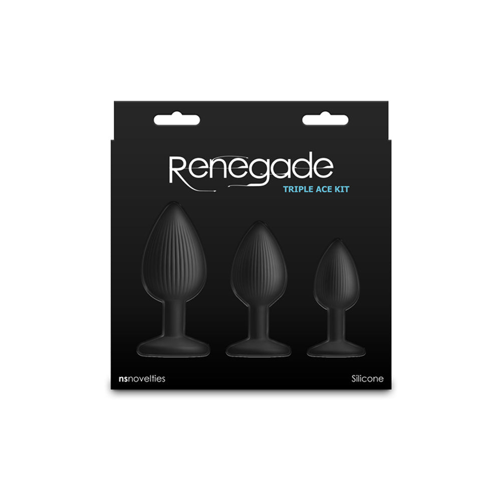Renegade Triple Ace Kit black silicone anal plugs in packaging.