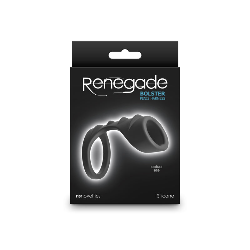 Black silicone penis harness by Renegade.