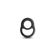 Black stretchy cock ring with two connected loops.