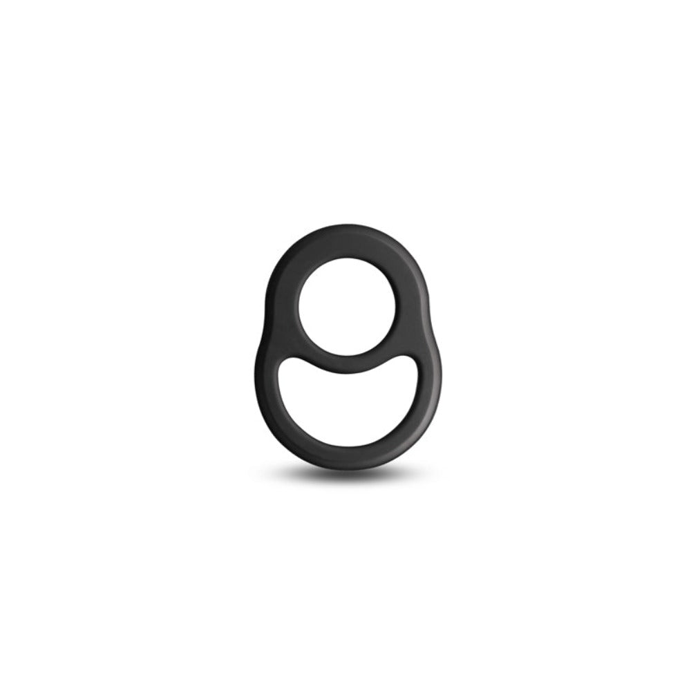 Black stretchy cock ring with two connected loops.