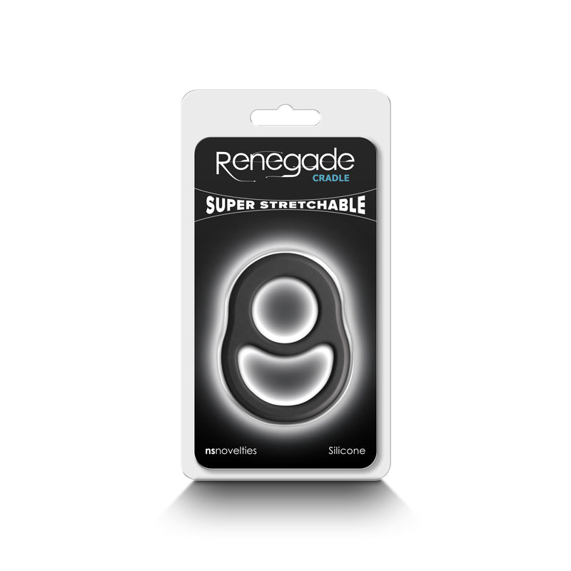 Black Renegade Cradle stretchy cock ring in packaging.