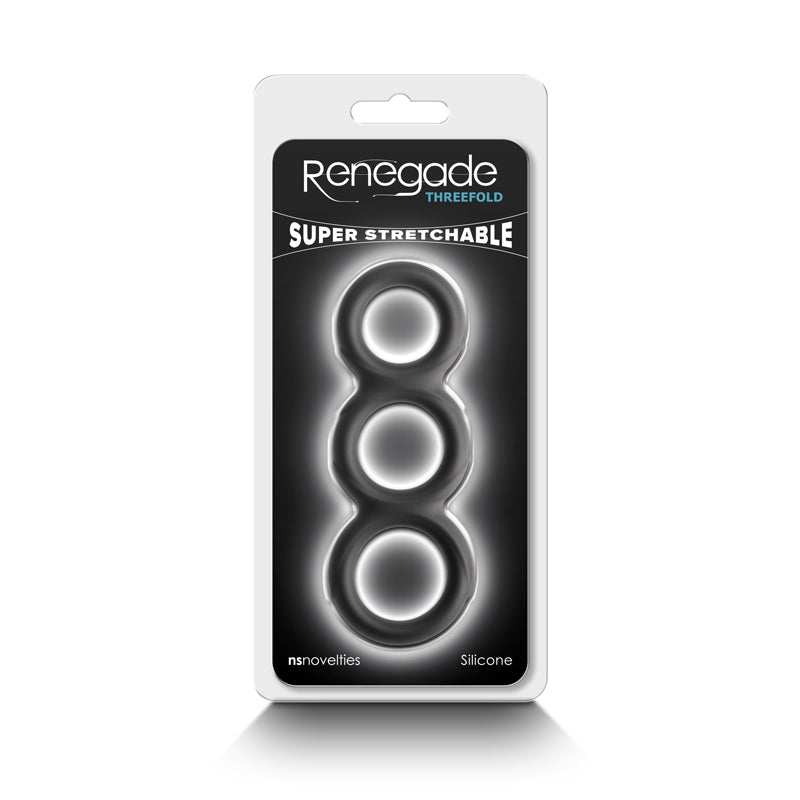 Black Renegade Threefold stretchy cock ring in packaging.
