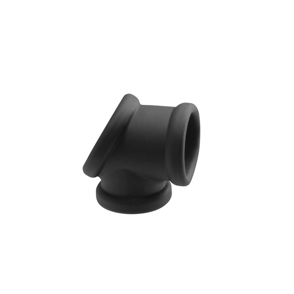 Black silicone cock and ball ring with a curved design.