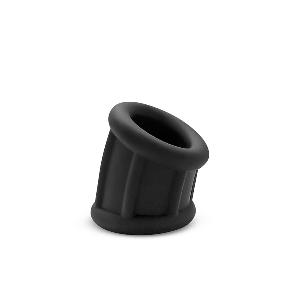 Black silicone ball stretcher with ribbed texture.