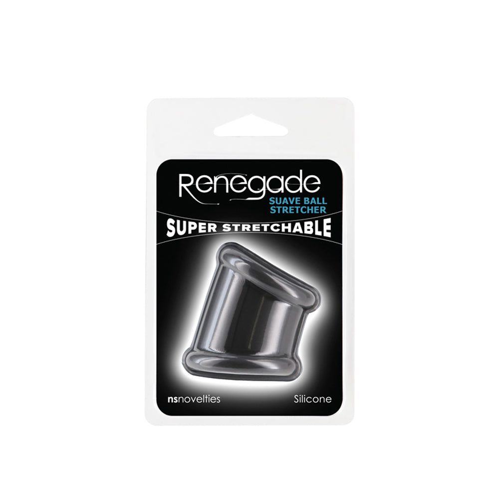 Black silicone ball stretcher with "Renegade" branding.