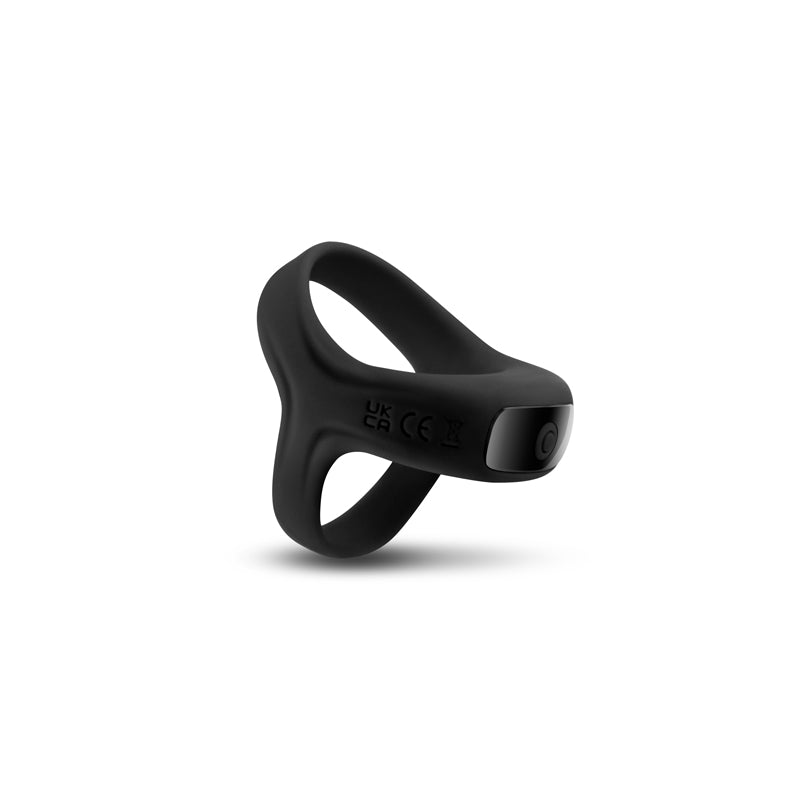 Black vibrating cock ring with UK CA and CE markings.