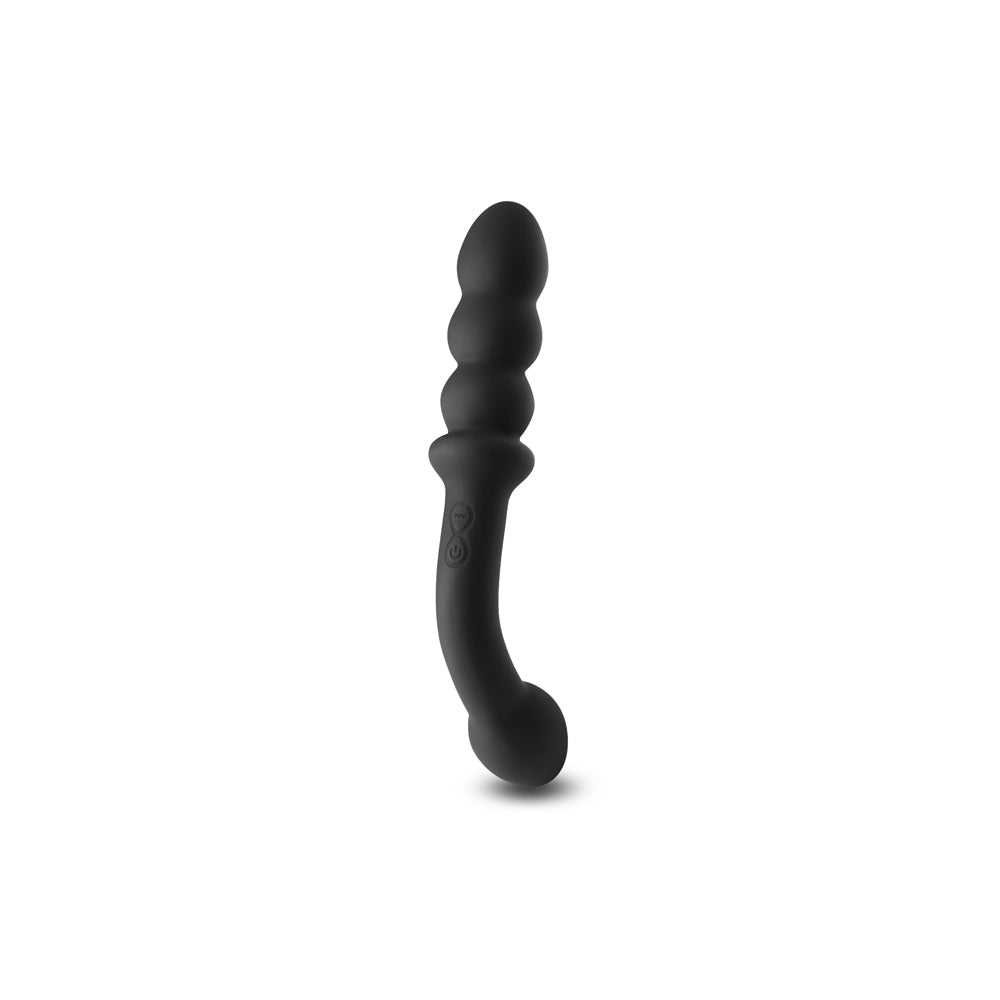 Black dual-ended silicone massager with anal beads.