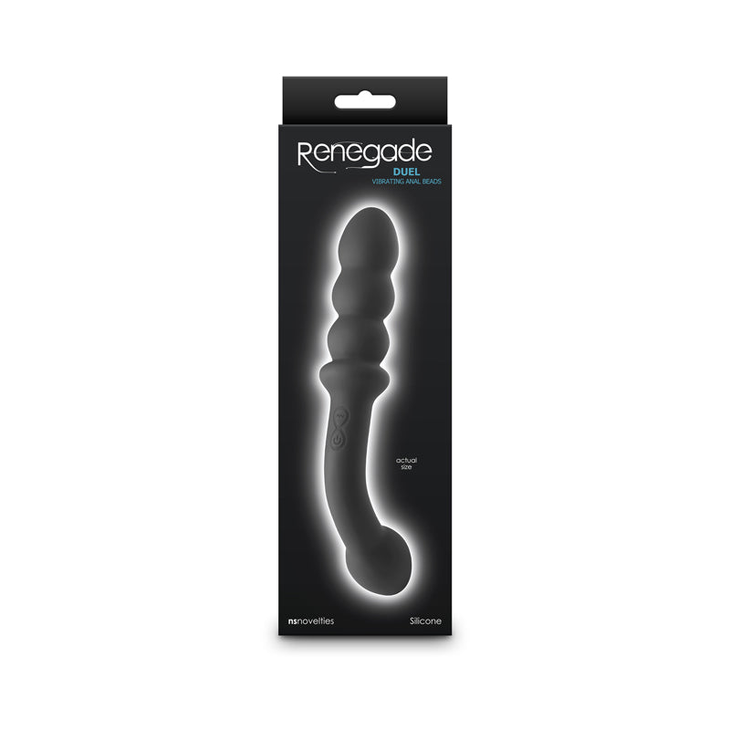 Black dual ended silicone massager with anal beads on a black box.