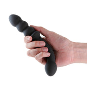 Black dual-ended silicone massager with anal beads.