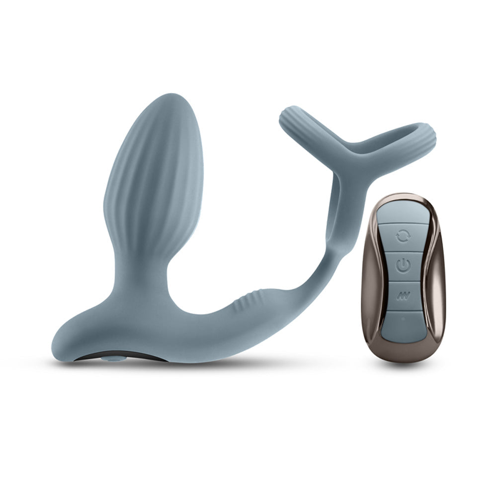 A blue gyrating anal plug with a cock ring and remote control.