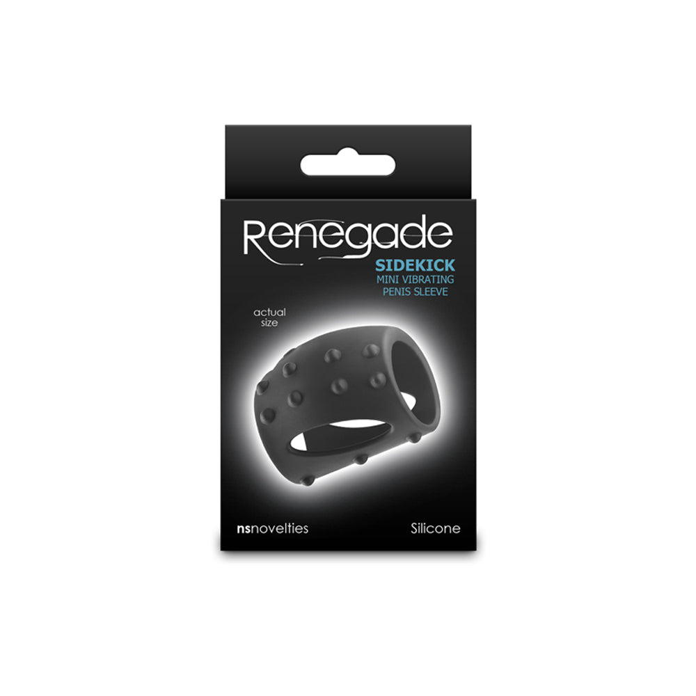 Renegade Sidekick vibrating penis sleeve made of black silicone with raised bumps.