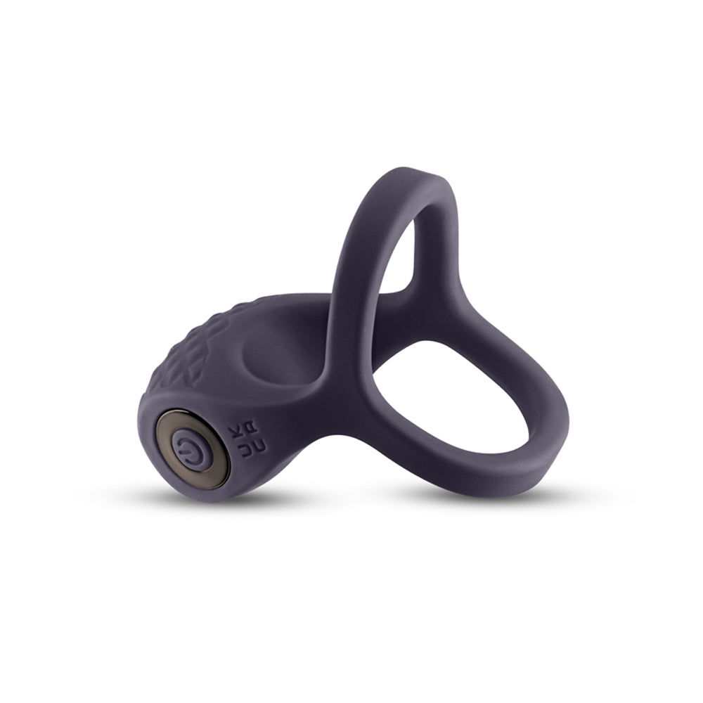 Gray silicone vibrating cock and ball ring with textured surface and power button.