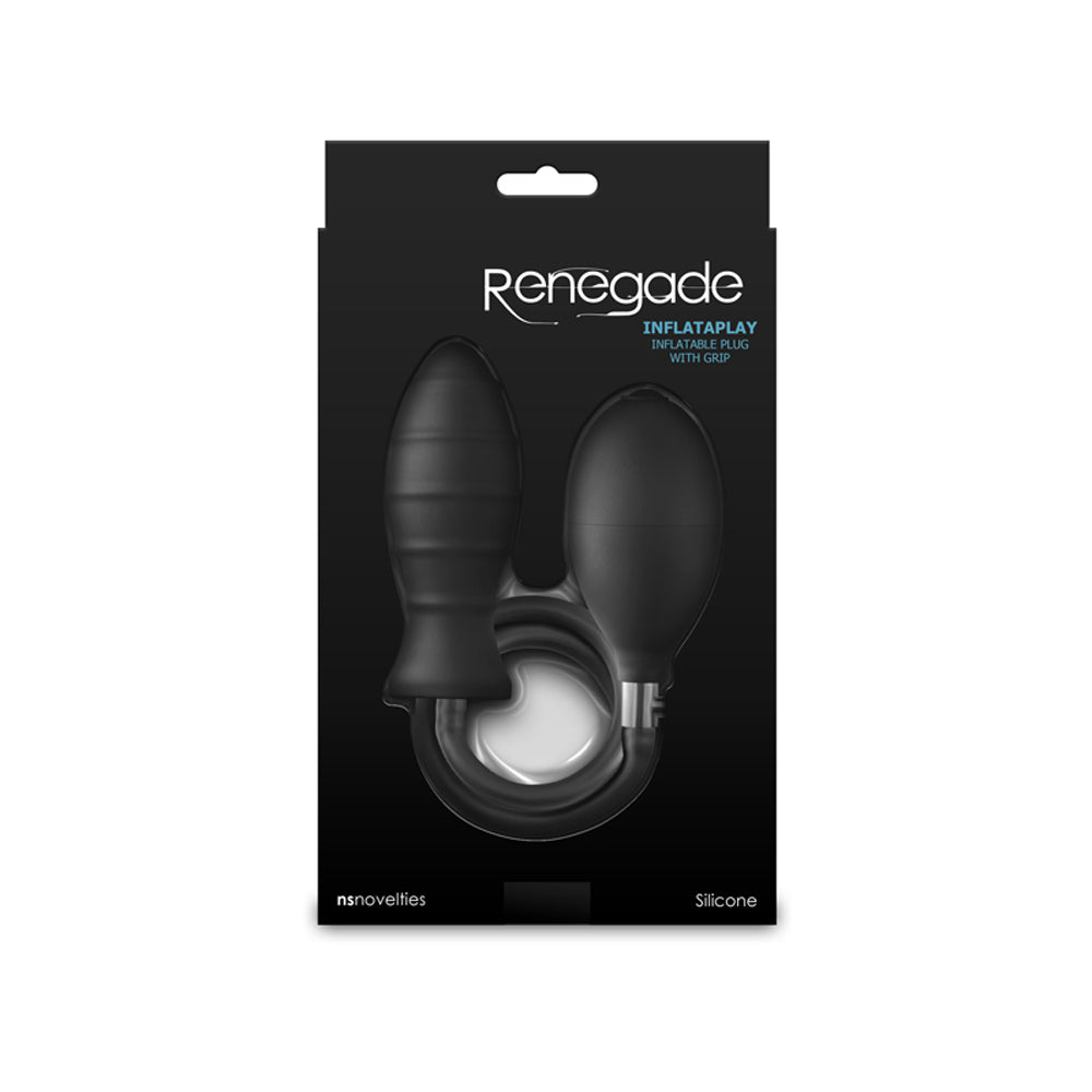 Black inflatable anal plug with a pump and ribbed texture.