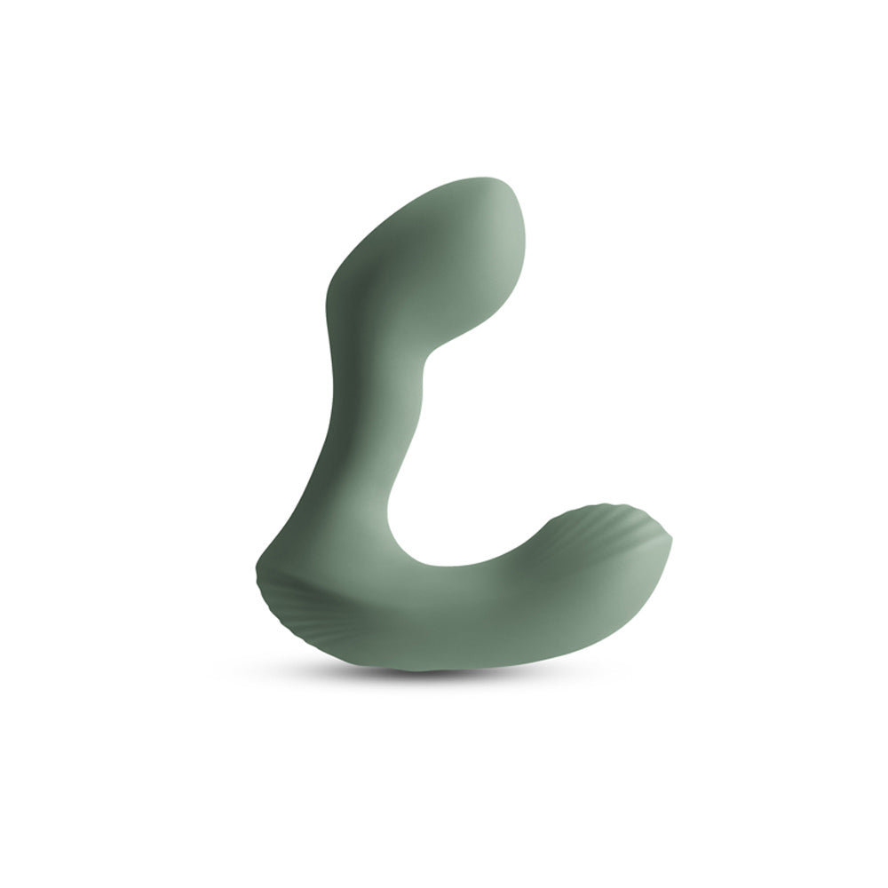 A curved, sage green silicone prostate massager with ribbed texture on one end.