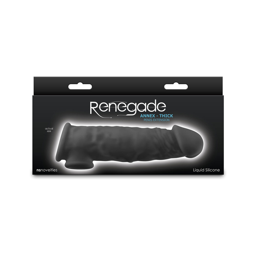 Black textured silicone penis extension sleeve on packaging.