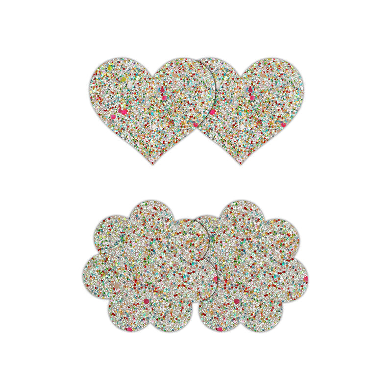 Two sets of glittery heart and flower shaped nipple pasties.