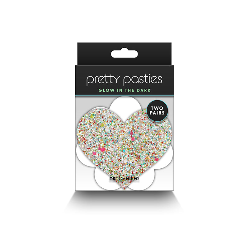 Pretty Pasties glow in the dark heart-shaped nipple pasties.