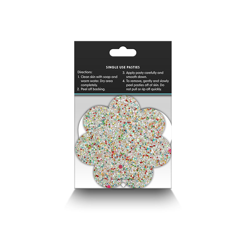 Flower-shaped glow in the dark pasties with colorful glitter.
