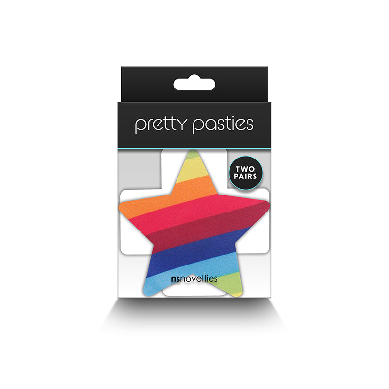 Rainbow pride star-shaped adhesive pasties with a colorful striped design.