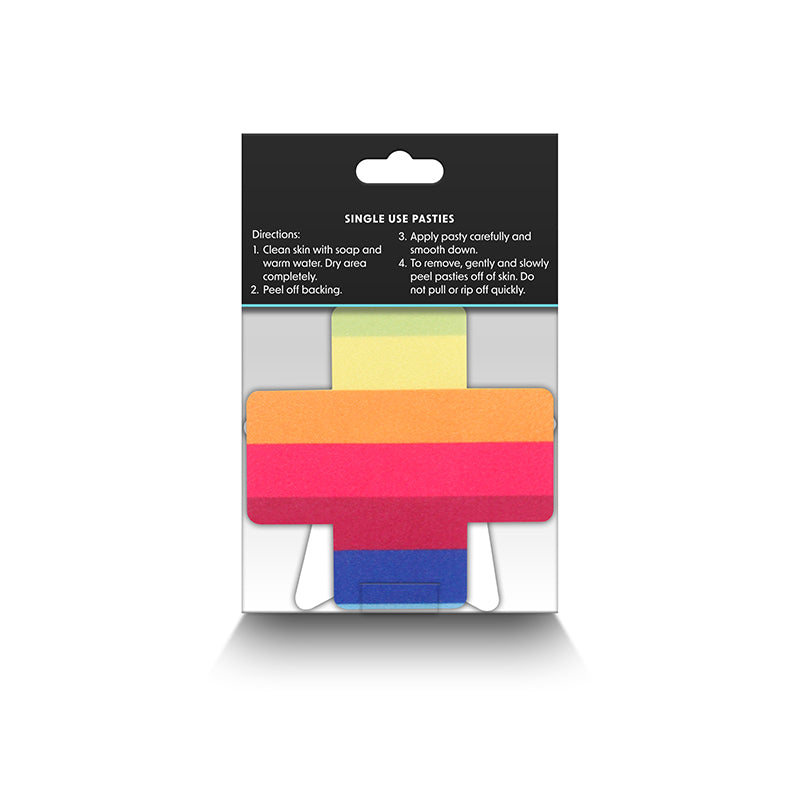 Rainbow pride nipple pasties with instructions on a black backing.