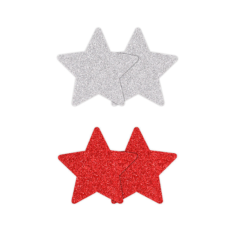 Two pairs of glitter star nipple covers, one red and one silver.