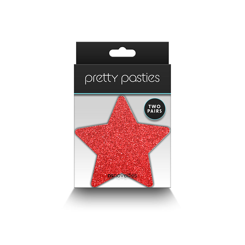 Red glitter star pasties in packaging that says "pretty pasties" and "two pairs".